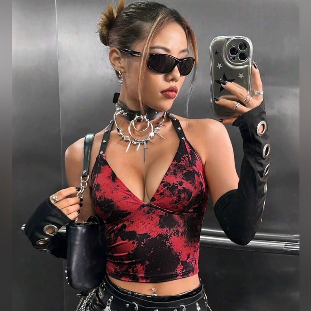 NWT Punk Tie Dye Red Black Backless Studded Leather Strap Halter Top Size Large